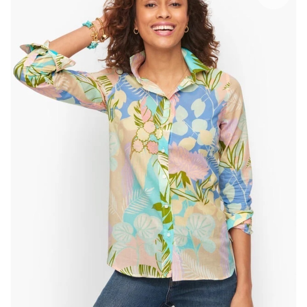 Talbots Pastel Floral Tropical Button Top Cotton Lightweight Size XL